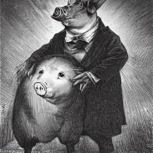 Image similar to a pig in a tuxedo, creepy atmosphere, outside, clouds, dark, portrait, realistic, very realistic, illustration by Gustave Doré