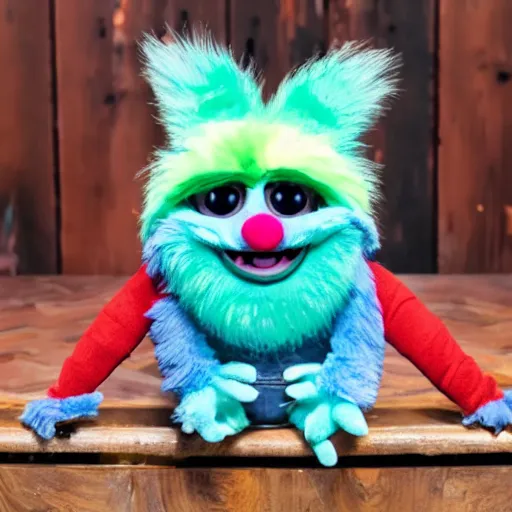 Image similar to an adorable fluffy furby muppet plush character with big gremlin ears and funfetti cake coloring wearing a little clown outfit and sitting on a wooden chair