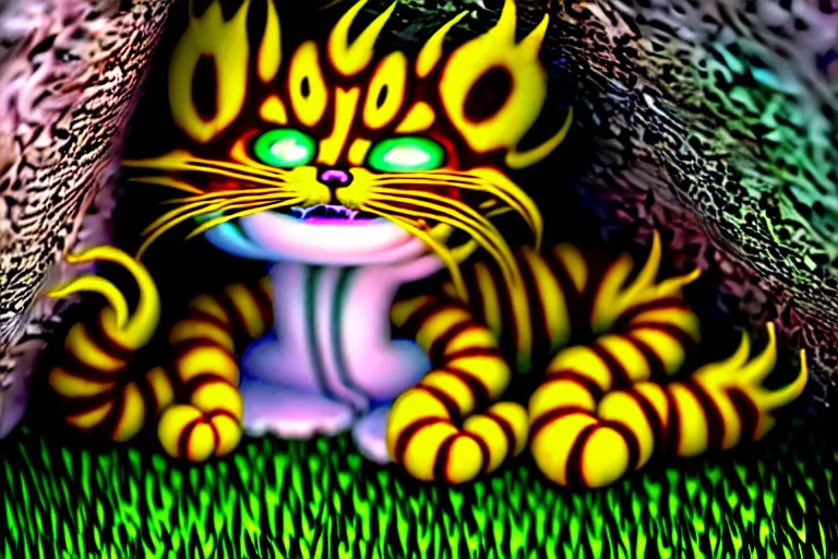 Prompt: a cursed image of an eldritch fluffy cybergoth garfield infested crevice, evil, staring at you, damnation, liminal, garden