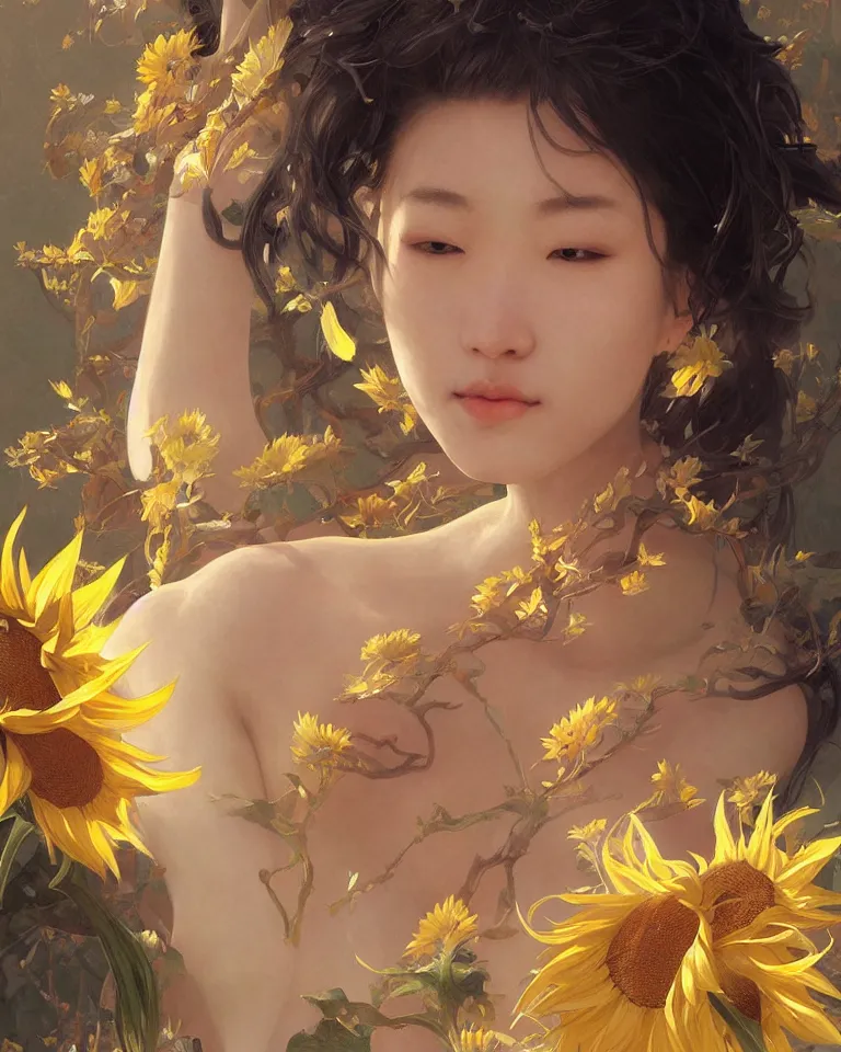 Image similar to character concept portrait of the sunflower goddess, an beautiful east-asian deity that channels sunlight and brings joy, intricate, elegant, digital painting, concept art, smooth, sharp focus, illustration, from Metal Gear, by Ruan Jia and Mandy Jurgens and William-Adolphe Bouguereau, Artgerm