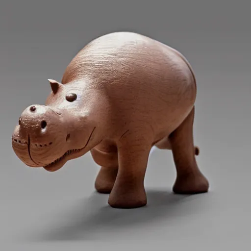 Prompt: studio product shot, side view of a simplified hippo figurine ( carved from teak )!!!!!!!, influenced by toddler toy, influenced by pixar, on a white to grey gradient background, wood grain!!!!!!, photorealistic, hyperrealistic, 8 k hd, octane render, unreal engine, featured on cgsociety