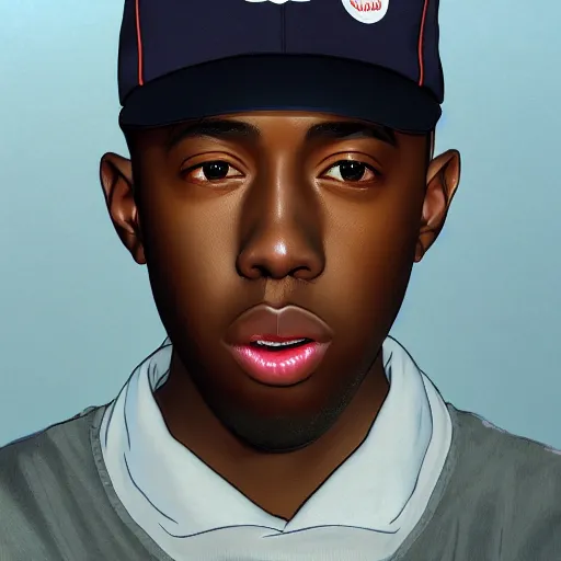 Prompt: hyper realistic tyler the creator, anime style, fashion clothing, shoulder eyes, last exile anime, symmetrical facial features, from arknights, hyper realistic, 4 k, rule of thirds, extreme detail, detailed drawing, trending artstation, realistic lighting, by alphonse mucha, greg rutkowski, short neck