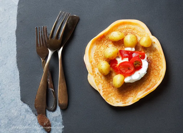 Prompt: potato on a pancake, professional food photography, studio lighting, plating