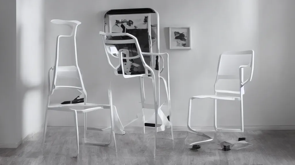 Prompt: a futuristic ladderback side chair in a white airy room