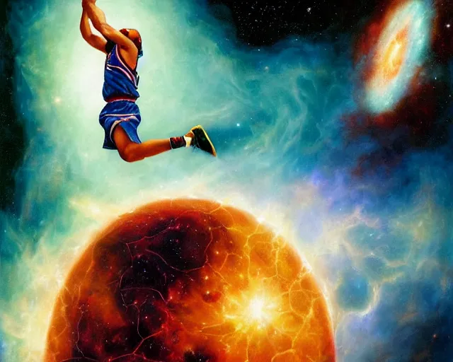 Image similar to cosmic basketball player dunking a basketball hoop in a nebula, an oil painting, by ( leonardo da vinci ) and greg rutkowski and rafal olbinski ross tran award - winning magazine cover