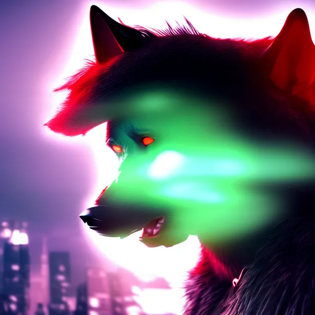 Image similar to portrait of a anthropomorphic black male wolf with long red hair wearing futuristic armor in a futuristic city | | concept art, 4 k, green volumetric lighting, highly detailed, photorealistic, trending on artstation