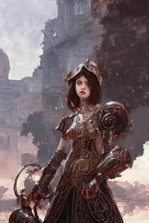 Image similar to portrait knights of Zodiac girl, metallic black and reddish reflected armor, in ruined Agora of Athens, ssci-fi, fantasy, intricate, very very beautiful, elegant, highly detailed, digital painting, artstation, concept art, smooth, sharp focus, illustration, art by tian zi and WLOP and alphonse mucha