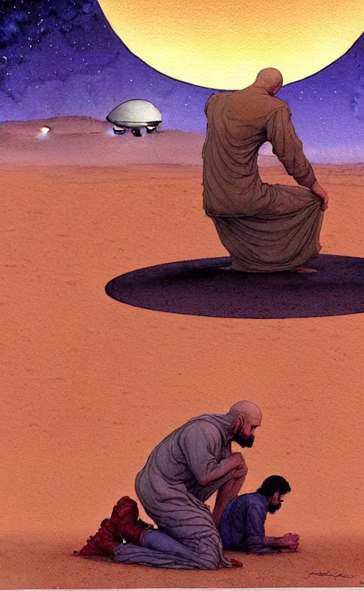 Image similar to a hyperrealist watercolour character concept art portrait of a group of middle eastern men kneeling down in prayer in front of a 1 2 ft. thin alien on a misty night in the desert. a ufo is in the background. by rebecca guay, michael kaluta, charles vess and jean moebius giraud