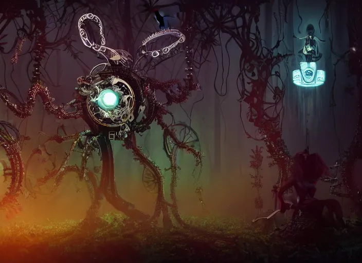 Image similar to silhouette of an intricate mechanical fairy with visible gears having tea with a cyborg winged horned demon medusa in a magical forest. Very detailed 8k. Fantasy cyberpunk horror. Sharp. Cinematic post-processing