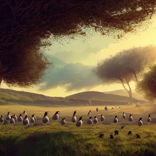 Prompt: flock of spanish swallow birds in avila, green fields, oaks, morning light, spring, 4 k, midday light, concept art, by wlop, ilya kuvshinov, artgerm, krenz cushart, greg rutkowski, pixiv. cinematic dramatic atmosphere, sharp focus, volumetric lighting, cinematic lighting, studio quality