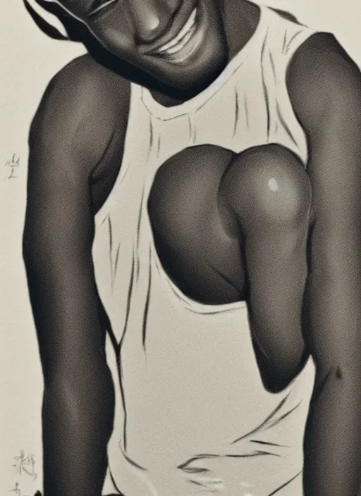 Prompt: character portrait illustrated by yoji shinakawa, bald african-american male teenager wearing a white tank-top