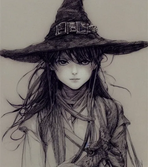 Image similar to portrait of little anime girl wearing witch hat, pen and ink, intricate line drawings, by craig mullins, ruan jia, kentaro miura, greg rutkowski, loundraw