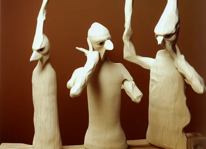 Prompt: realistic photo of a three birdmen sculptures made of white clay, in a living room sci - fi laboratory with many wooden gadgets made of wood interior is made of wood 1 9 9 0, life magazine reportage photo, natural colors