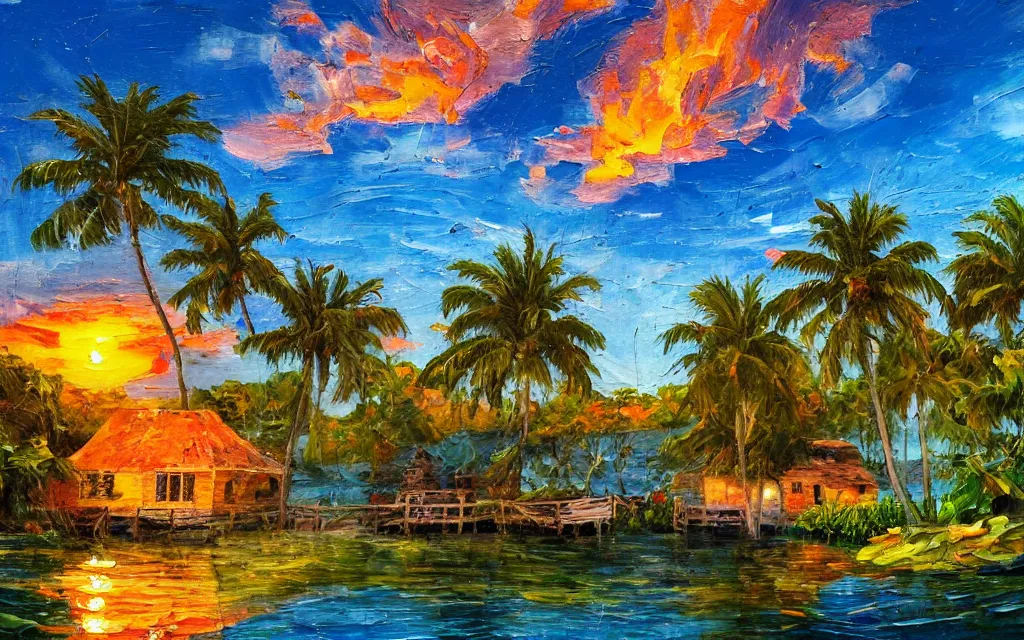 Image similar to a tiny island surrounded by water with a cozy cottage, with a paved garden courtyard with benches, palm trees, river, sunset, puffy clouds, dramatic and dynamic lighting, thick brush strokes oil impasto painting