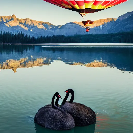 Image similar to photo of two black swans touching heads in a beautiful reflective mountain lake, a colorful hot air balloon is flying above reflecting off water, hot air balloon, intricate, 8k highly professionally detailed, centered, HDR, CGsociety