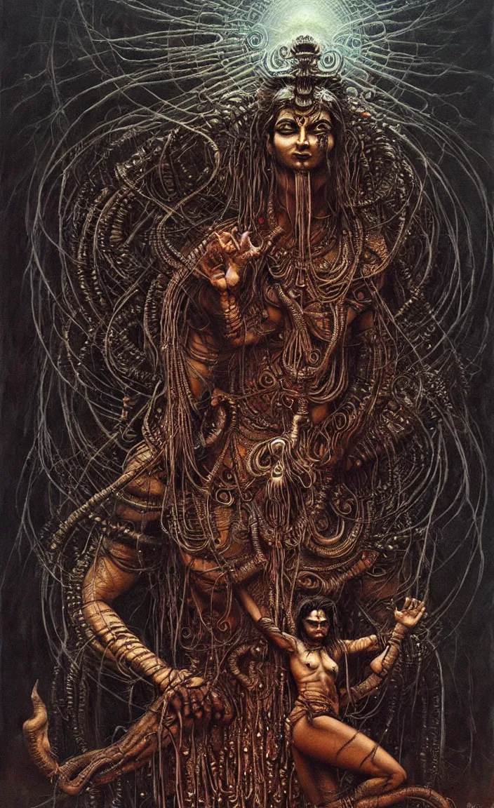 Prompt: Shiva is dancing. Dark colors, high detail, hyperrealism, intricate details, masterpiece, art by Greg Broadmore, Esao Andrews, Beksinski, Giger