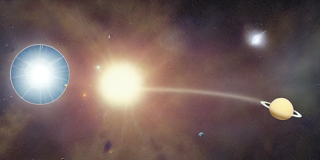 Image similar to “a light sail probe enters a solar system carrying a dead alien. The probe is from an isolated star in a thick dust cloud”