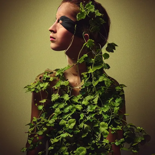 Image similar to “side profile of young woman blindfolded by vines”