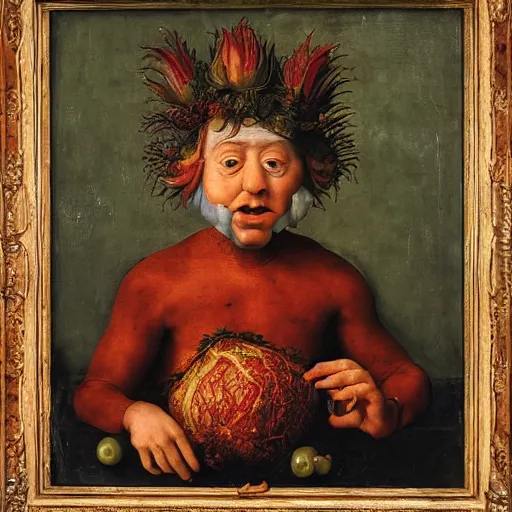 Prompt: a boy sitting in a tub full of tomato sauce, a lot of cabbage, by giuseppe arcimboldo and ambrosius benson, renaissance, portrait, fruit, intricate and intense oil paint, realistic, award - winning