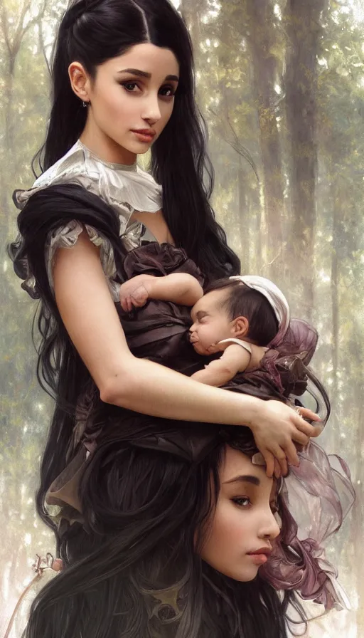 Prompt: unique cottagecore Ariana Grande holding a baby, black Hair, dark forest, intricate, elegant, highly detailed, digital painting, artstation, concept art, smooth, sharp, focus, illustration, art by artgerm and greg rutkowski and alphonse mucha