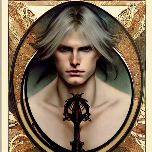 Prompt: realistic detailed face portrait of dante devil may cry Alucard Johan Liebert long blond hair, pale porcelain white skin, very very long luxurious beautiful blond hair, by Alphonse Mucha, Ayami Kojima, Amano, Charlie Bowater, Karol Bak, Greg Hildebrandt, Jean Delville, and Mark Brooks, Art Nouveau, Neo-Gothic, gothic, rich deep moody colors