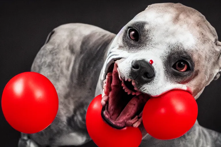 Image similar to a snarling pit bull wearing a clown mask and a red rubber nose, 4 k, hdr color