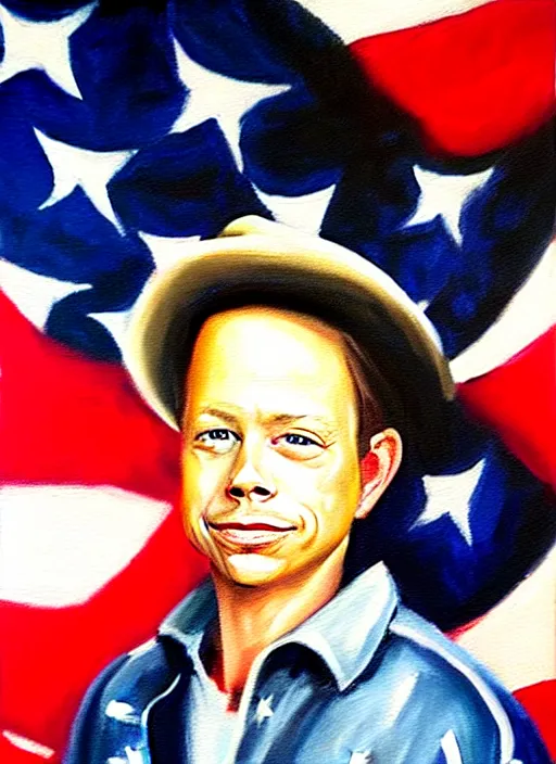 Prompt: oil painting portrait of brock pierce, american flag on background, cowboy style.