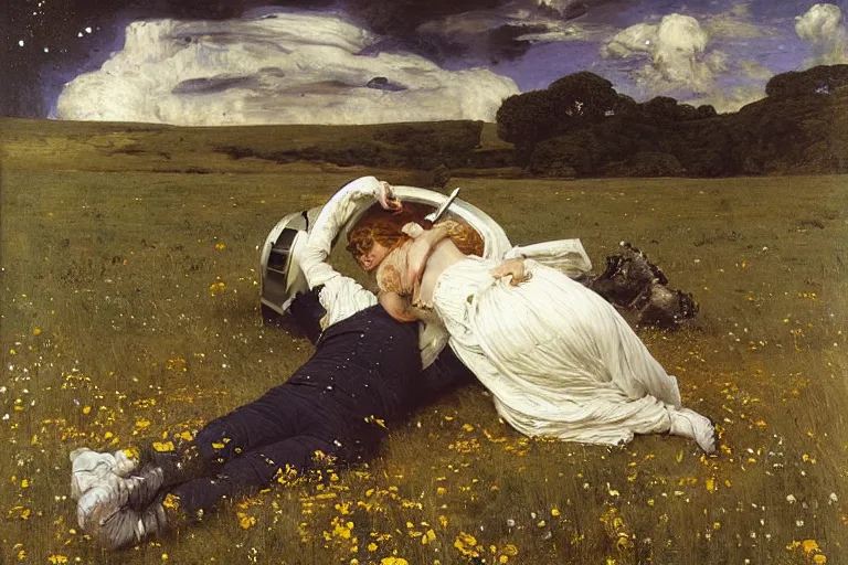 Image similar to sad portrait of an astronaut & a xenomorph in a meadow by sir john everett millais, photorealistic, hyperdetailed, ethereal, masterpiece, oil painting