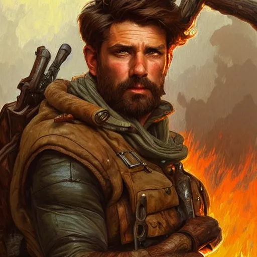 Image similar to Rugged male ranger relaxing by the fire, relaxed, D&D, muscular, upper body, fantasy, intricate, elegant, highly detailed, digital painting, artstation, concept art, smooth, sharp focus, illustration, art by artgerm and greg rutkowski and alphonse mucha