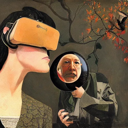 Prompt: a ( ( ( ( thrush bird ) ) ) ) and a naive latin philosopher woman using virtual reality glasses, oil on canvas by dave mckean and ivan shishkin