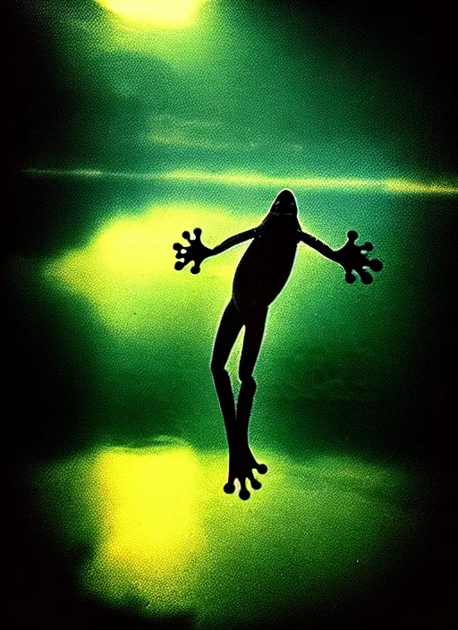 Image similar to “semitransparent frog amphibian vertically hovering over misty lake waters in jesus christ pose, smiling, low angle, long cinematic shot by Andrei Tarkovsky, paranormal, eerie, mystical”