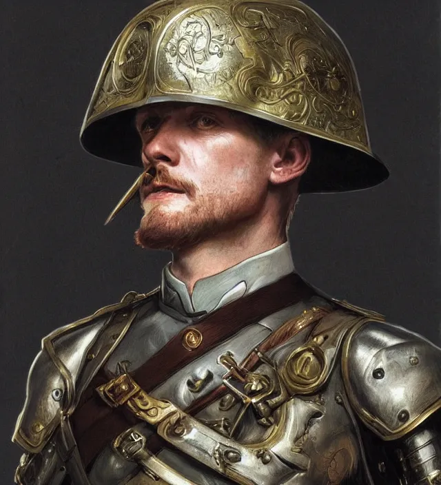 Image similar to portrait of an irish man wearing a traditional nineteenth century irish empire military uniform, metal shoulder pauldrons, intricate, highly detailed, digital painting, artstation, concept art, sharp focus, cinematic lighting, illustration, art by artgerm and greg rutkowski, alphonse mucha, cgsociety