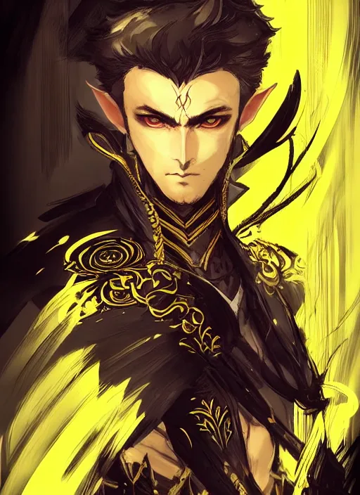 Image similar to Half body portrait of a handsome elven wind mage with short brown black hair wearing ornate dark yellow attire. In style of Yoji Shinkawa and Hyung-tae Kim, trending on ArtStation, dark fantasy, great composition, concept art, highly detailed, dynamic pose.