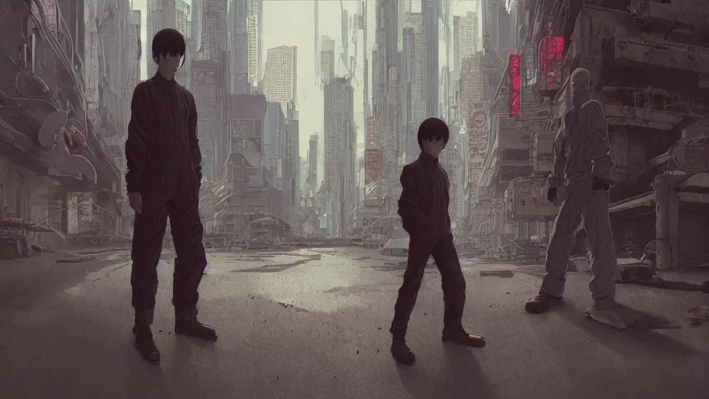 Image similar to realistic aesthetic highly detailed photography of characters in akira scene, characters with hyperrealistic highly detailed faces. from akira by katsuhiro otomo and alejandro hodorovski and denis villeneuve and gregory crewdson style with many details by mike winkelmann and vincent di fate in sci - fi style. volumetric natural light hyperrealism photo on dsmc 3 system