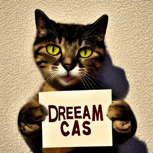 Prompt: realistic high quality photo of a cute cat holding a sign with text that reads : dream caaats, cas