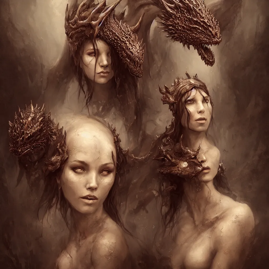 Image similar to a woman in a costume with a dragon on her head, an ultrafine detailed painting by Bastien Lecouffe-Deharme, featured on zbrush central, fantasy art, zbrush, detailed painting, ambient occlusion realistic cinematic style, filmed in 70mm, volumetric lighting, octane render, photographic, concept art, artist Leonardo DaVinci, unreal engine, 8k