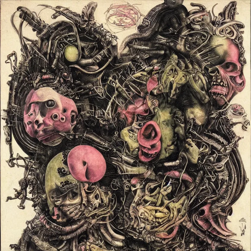 Image similar to post - punk new age album cover, asymmetrical design, alien, magic, apocalypse, psychedelic, highly detailed, black white pink, magic, giger h. r., giuseppe arcimboldo