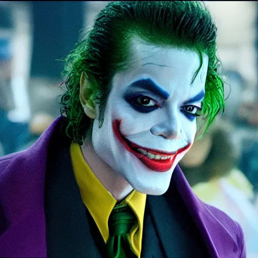 Image similar to stunning awe inspiring michael jackson as the joker, movie still 8 k hdr atmospheric lighting