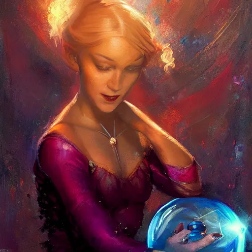 Prompt: a painting of a woman holding a crystal ball, a hologram by raymond swanland, featured on cgsociety, fantasy art, wiccan, mystical, tarot card