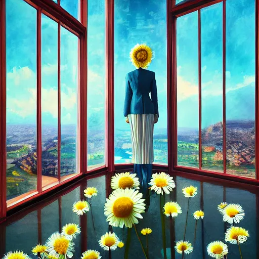 Prompt: massive daisy flower head, woman in suit, standing next to modern window in luxury apartment, surreal photography, sunlight, impressionist painting, digital painting, artstation, simon stalenhag