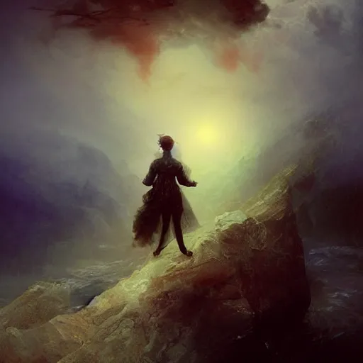 Image similar to dreams of the fae; three-quarters portrait; heterochromia; oil paints; 8k, surrealism, abstract imagery by Ivan Aivazovsky; by Aleksi Briclot; by Marc Simonetti