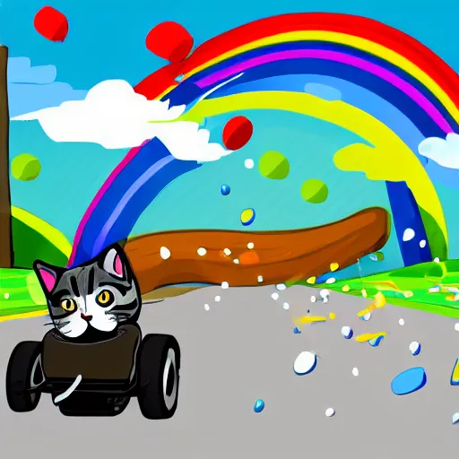 Image similar to digital illustration of a cat with wind blowing through his jacket, driving a kart through rainbow road, 4K