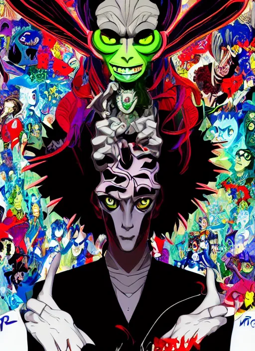 Image similar to portrait of a psychedelic demon, digital painting masterpiece, advanced lighting technology, stylized yet realistic anatomy and face, gorgeous, by reiq and bengus and akiman and shigenori soejima and bastien vives and balak and michael sanlaville and jamie hewlett, 4 k wallpaper, cinematic, gorgeous brush strokes, coherent and smooth