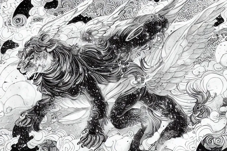 Image similar to angelic majestic winged lioness flying in outer space, stars dotted in background, black and white ink on paper, thick thick thick outlines, 8k high quality detailed manga art, trending on art station and cgsociety, super wide angle, octane, by Eiichiro Oda and Hokusai