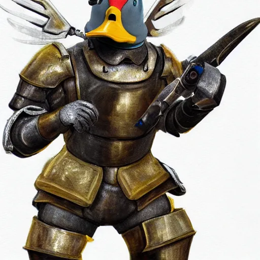 Image similar to A duck in iron armor, award winning, ultra realistic, ultra detailed,