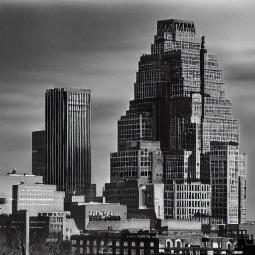 Image similar to albany skyline with godzilla attacking the corning tower, old movie