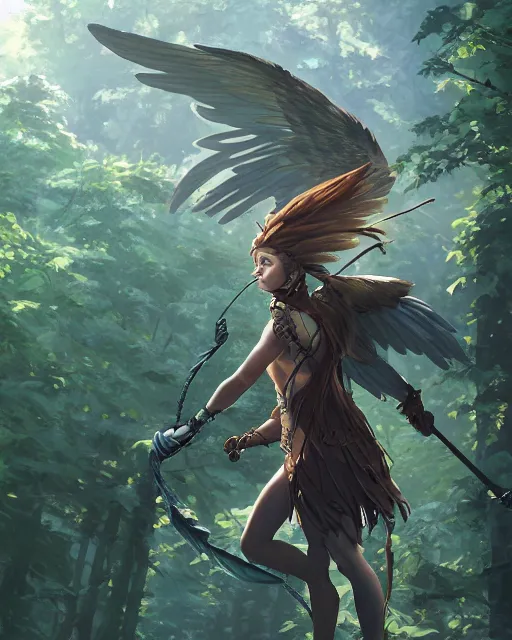 Image similar to a female anthropomorphic eagle warrior. She has two wings on her back. Forest, clearing. Full shot, wings are focus. Flying. Atmospheric lighting, By Makoto Shinkai, Stanley Artgerm Lau, WLOP, Rossdraws, James Jean, Andrei Riabovitchev, Marc Simonetti, krenz cushart, Sakimichan, D&D trending on ArtStation, digital art.