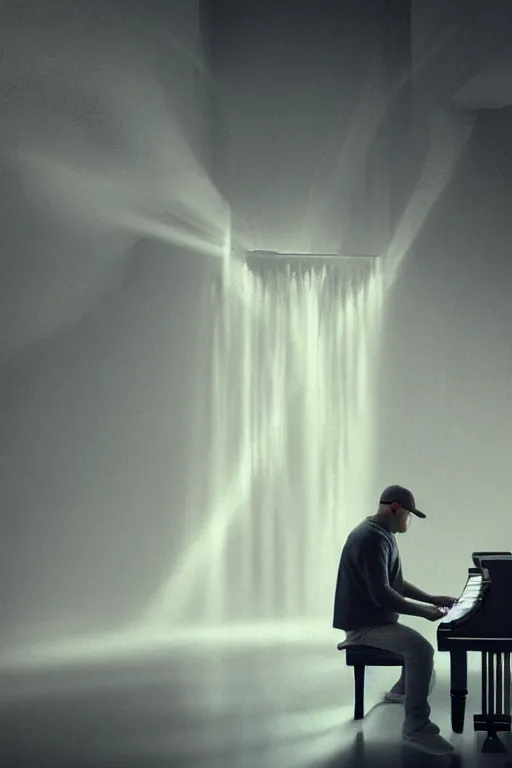 Image similar to Mac Miller playing the piano in the middle of a marble palace in Heaven, Halo, RIP, Heavenly, Divinity, waterfalls, beams of golden light, Hope, Ethereal, Symmetry, environment concept, Atmospheric Lighting, artstation trending, ladders, angelic, Rendered in Octane, trending on artstation, cgsociety, moody lighting rendered by octane engine, environment 8K artstation, cinematic lighting, intricate details, 4k detail post processing, hyperrealistic, ultra detailed cinematic