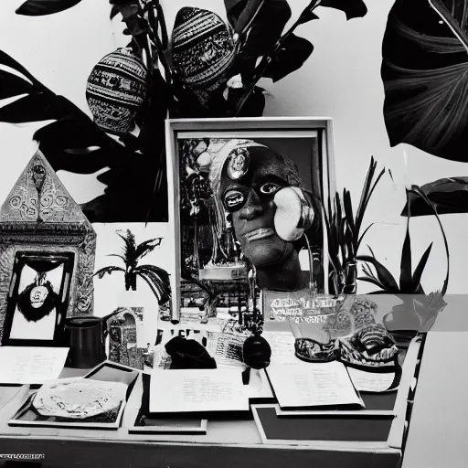 Image similar to A black and white photography of an exhibition space with objects of Sun Ra, Marcel Duchamp and tropical plants, 60s, offset lithography print, close up shot