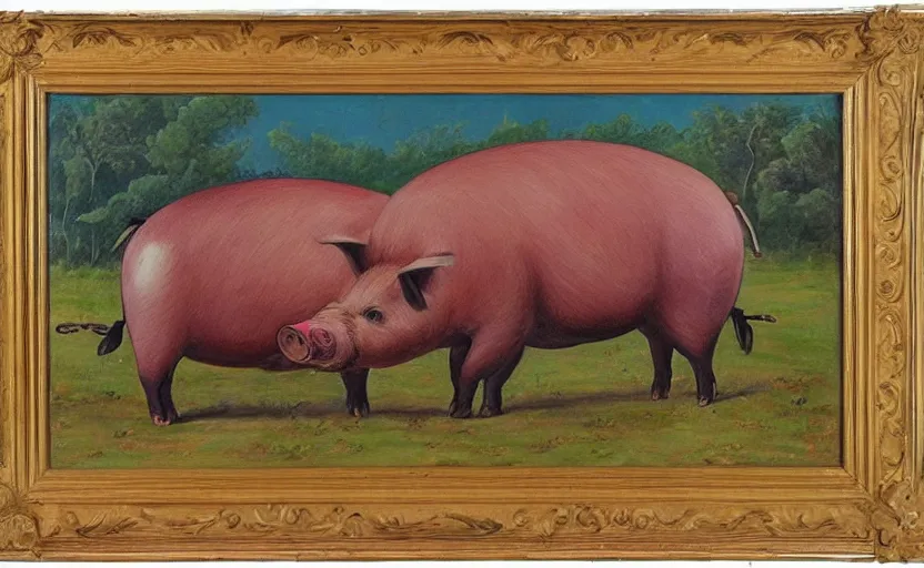 Image similar to painting of a huge pig walking over a village